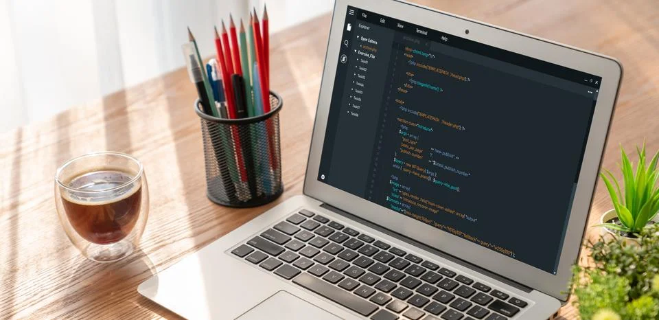 Software development programming on computer screen for modish application 스톡 사진