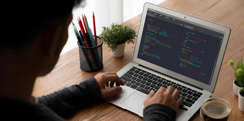 Software development programming on computer screen for modish application Stock Photos
