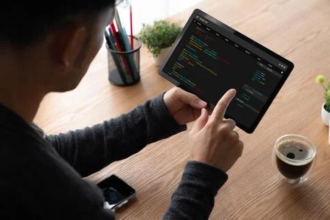 Software development programming on computer screen for modish application Stock Photos
