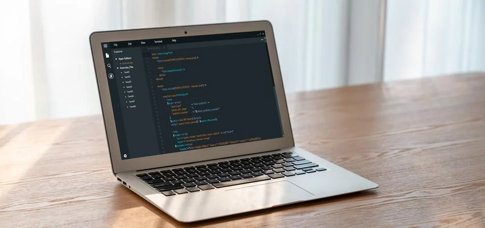 Software development programming on computer screen for modish application 스톡 사진