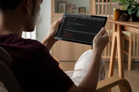 Software development programming on computer screen for modish application 스톡 사진