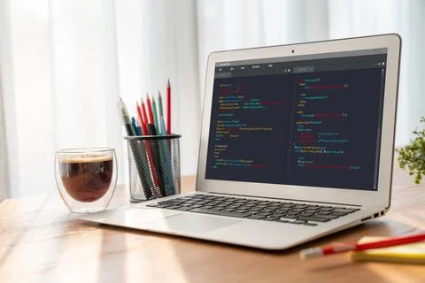 Software development programming on computer screen for modish application Fotos de archivo