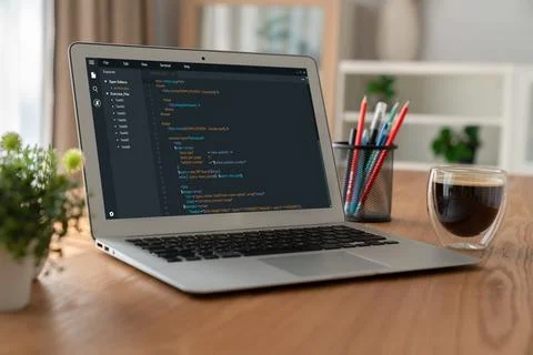 Software development programming on computer screen for modish application Stock Photos