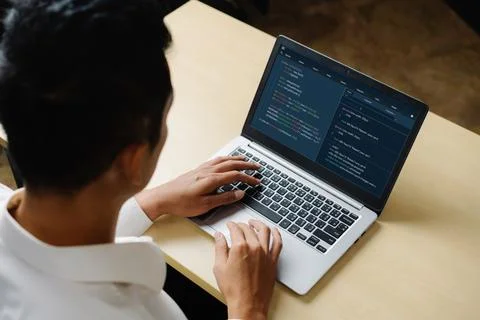 Software development programming on computer screen for modish application Fotos de archivo
