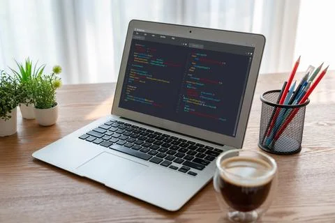 Software development programming on computer screen for modish application Stock Photos