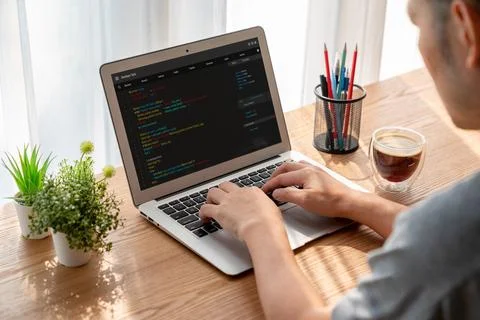 Software development programming on computer screen for modish application Stock Photos