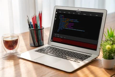 Software development programming on computer screen for modish application Stock Photos