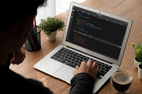 Software development programming on computer screen for modish application Fotos de archivo