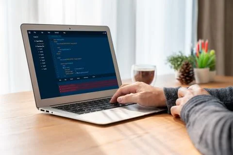 Software development programming on computer screen for modish application Stock Photos