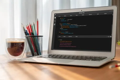 Software development programming on computer screen for modish application Stockfoto's