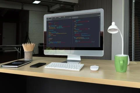 Software development programming on computer screen for modish application Fotos de archivo