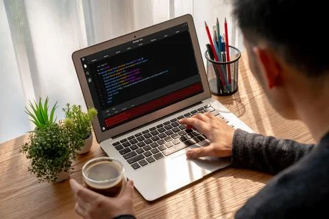 Software development programming on computer screen for modish application 스톡 사진
