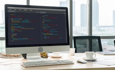 Software development programming on computer screen for modish application Stock Photos
