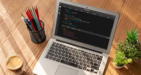 Software development programming on computer screen for modish application Fotos de archivo