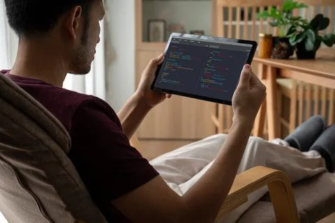 Software development programming on computer screen for modish application Stock Photos