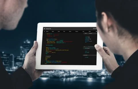 Software development programming on computer screen for modish application Stock Photos