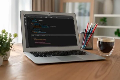Software development programming on computer screen for modish application 스톡 사진