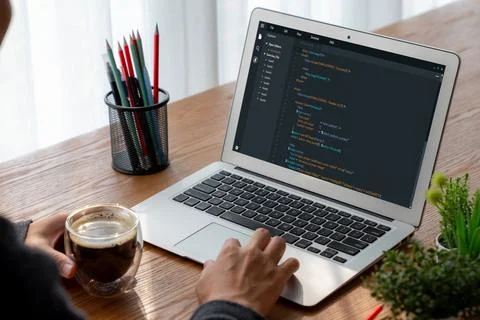 Software development programming on computer screen for modish application 스톡 사진