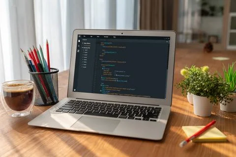 Software development programming on computer screen for modish application 库存照片