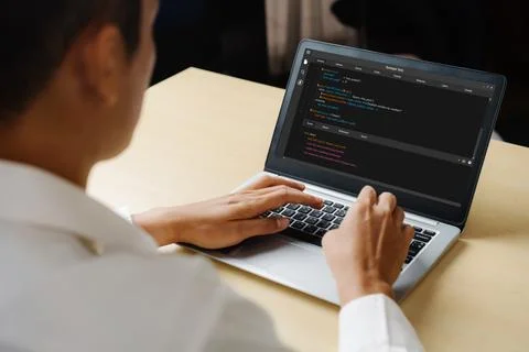 Software development programming on computer screen for modish application Stock Photos