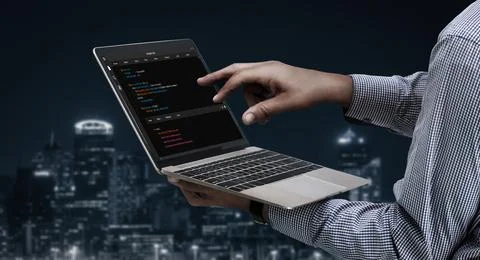 Software development programming on computer screen for modish application 库存照片