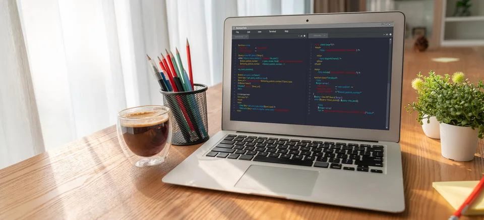 Software development programming on computer screen for modish application Stock Photos