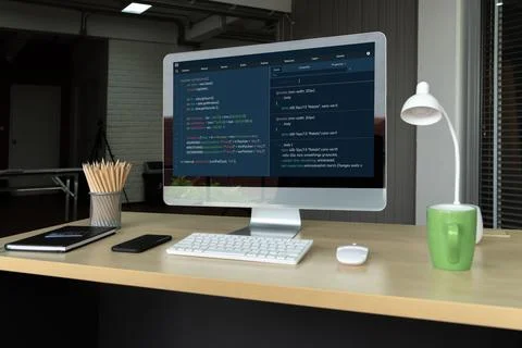 Software development programming on computer screen for modish application Stockfoto's