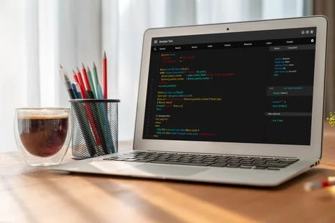 Software development programming on computer screen for modish application Stock Photos