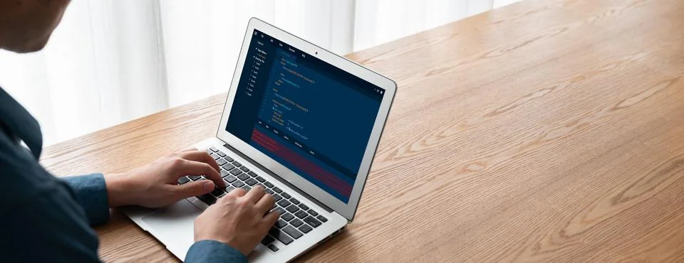 Software development programming on computer screen for modish application 库存照片