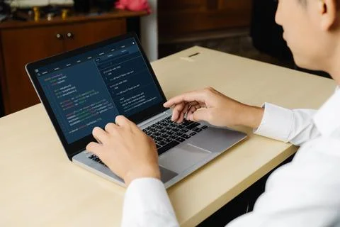 Software development programming on computer screen for modish application Stock Photos