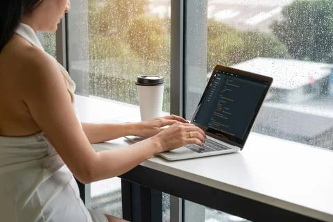 Software development programming on computer screen for modish application Stock Photos