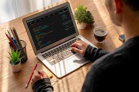 Software development programming on computer screen for modish application Fotos de archivo