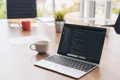 Software development programming on computer screen for modish application 스톡 사진