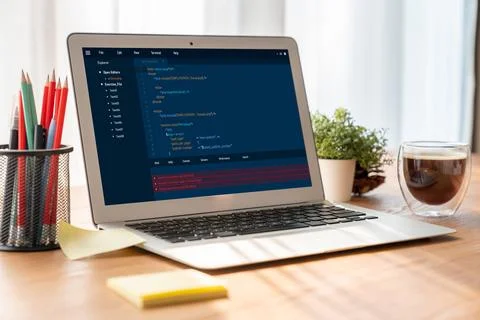 Software development programming on computer screen for modish application Fotos de archivo