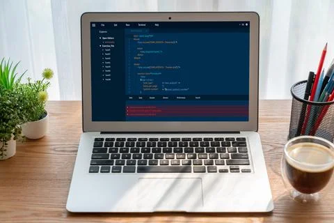 Software development programming on computer screen for modish application 库存照片