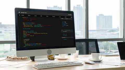 Software development programming on computer screen for modish application 스톡 사진