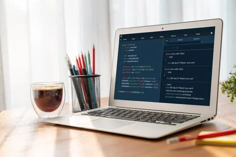 Software development programming on computer screen for modish application Stock Photos