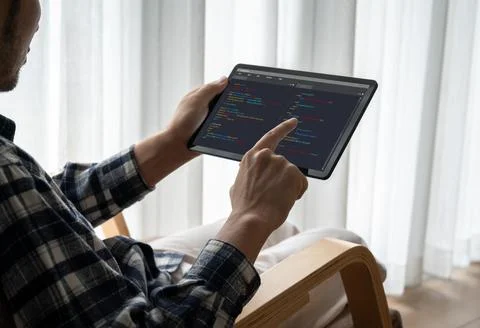 Software development programming on computer screen for modish application 스톡 사진