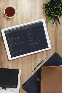Software development programming on computer screen for modish application Stock Photos