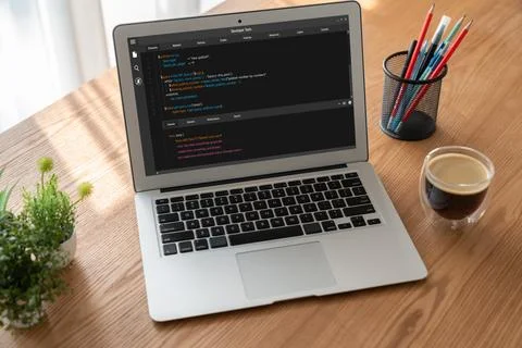 Software development programming on computer screen for modish application Stock Photos
