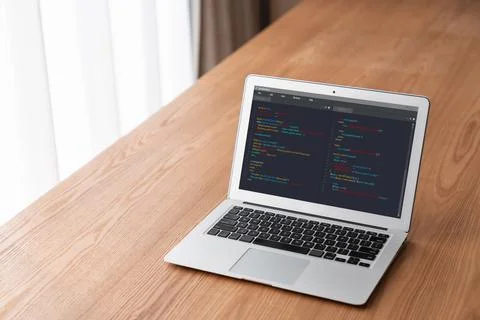 Software development programming on computer screen for modish application 库存照片