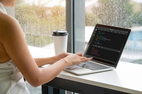 Software development programming on computer screen for modish application Stock Photos