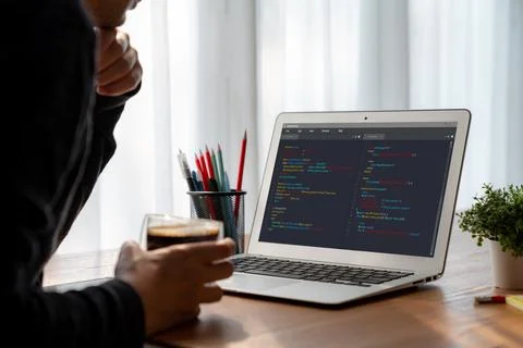 Software development programming on computer screen for modish application Stock Photos