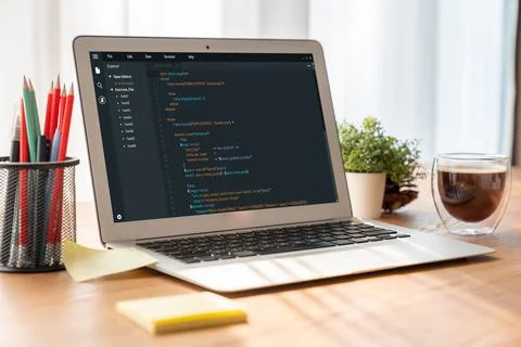 Software development programming on computer screen for modish application 스톡 사진