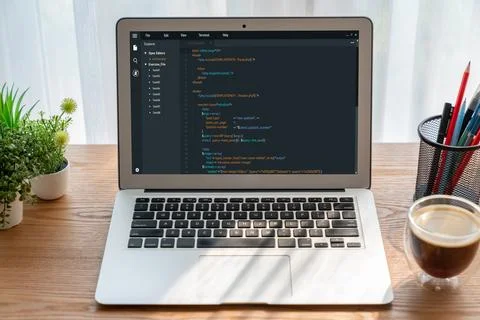 Software development programming on computer screen for modish application Stock Photos