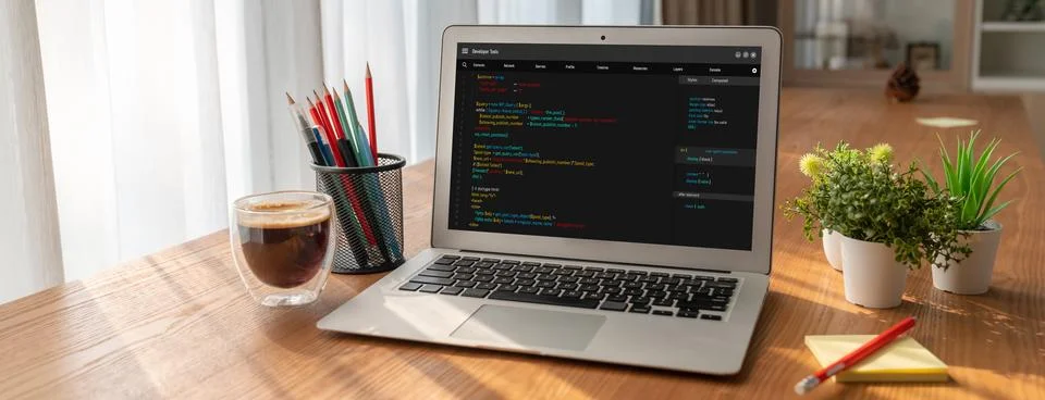 Software development programming on computer screen for modish application 库存照片