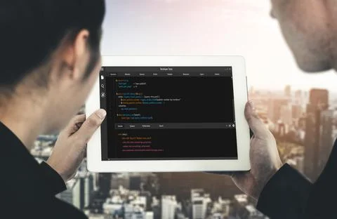 Software development programming on computer screen for modish application 스톡 사진