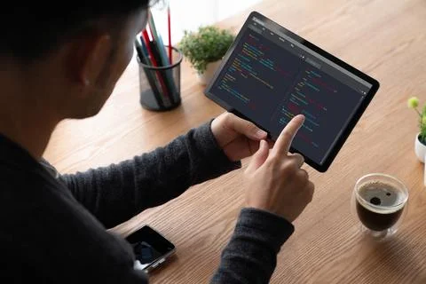 Software development programming on computer screen for modish application Stock Photos