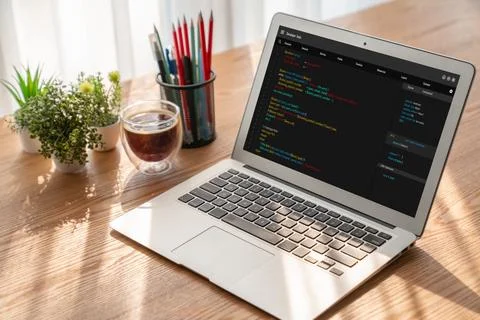 Software development programming on computer screen for modish application Stock Photos