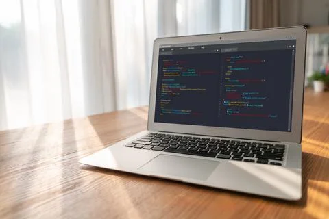 Software development programming on computer screen for modish application Stock Photos